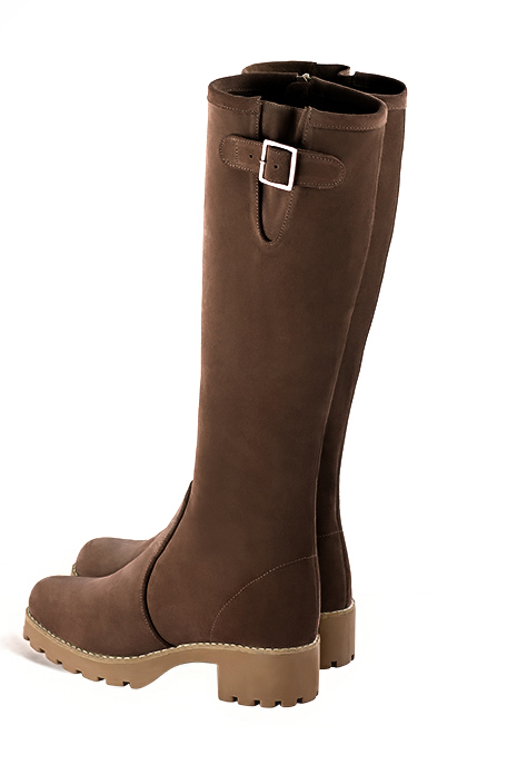 Chocolate brown women's knee-high boots with buckles.. Made to measure. Rear view - Florence KOOIJMAN
